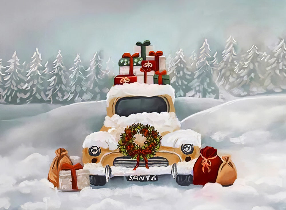 Fox Christmas Car Snow Vinyl Backdrop