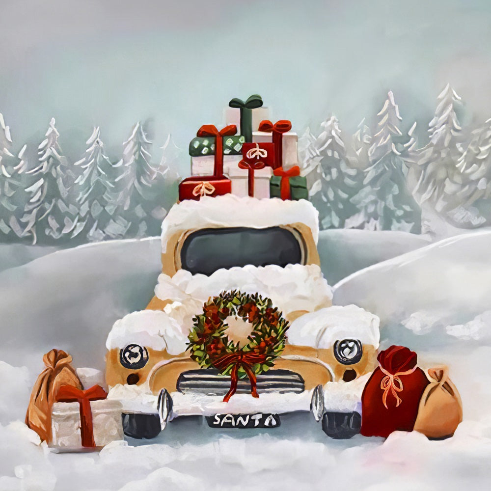 Fox Christmas Car Snow Vinyl Backdrop