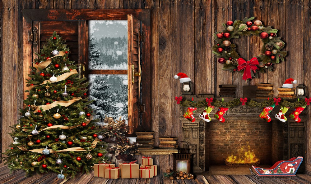 Fox Christmas Tree Vinyl/Fabric Fireplace Backdrop