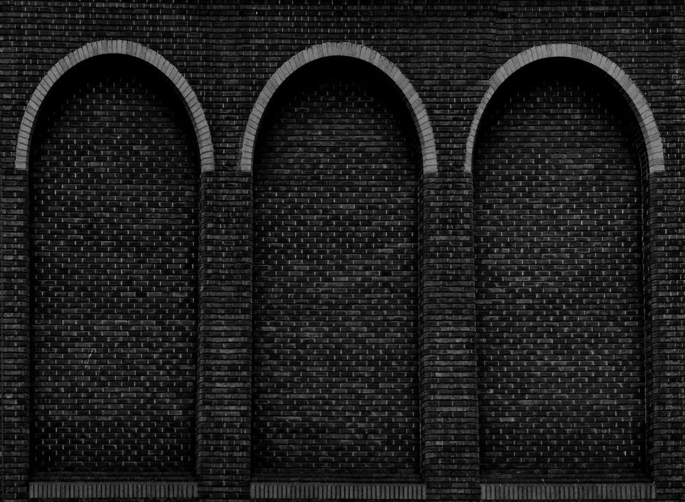 Fox Dark Gray Brick Factory Wall with Three Round Sealed Windows Fabric/Vinyl Backdrop