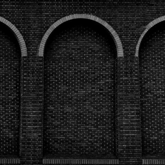 Fox Dark Gray Brick Factory Wall with Three Round Sealed Windows Vinyl Backdrop