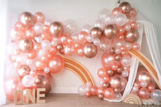 RTS Fox Pink Balloons Birthday Cakesmash Fabric Backdrop Design by Kali