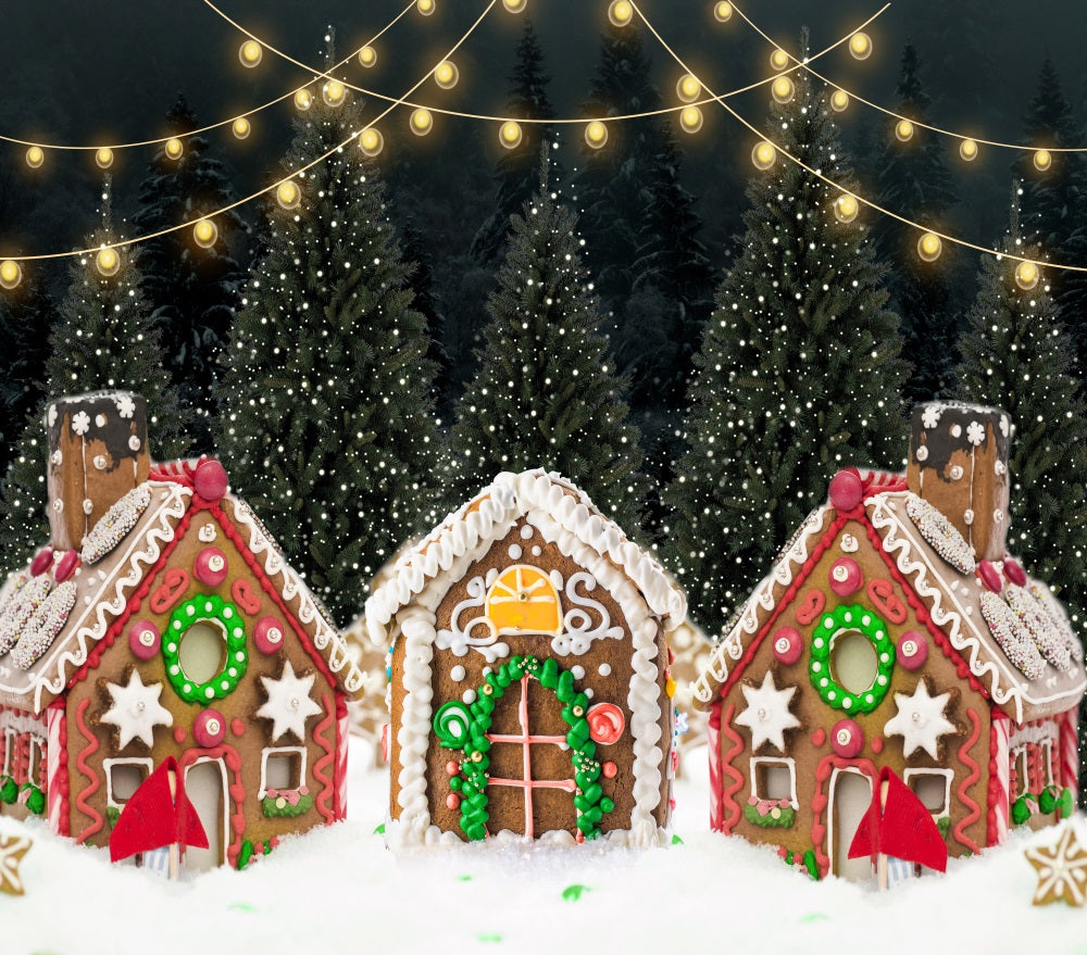 Fox Christmas Decoration Cookie House Pine Tree Lights Snow Vinyl Backdrop