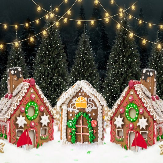 Fox Christmas Decoration Cookie House Pine Tree Lights Snow Vinyl Backdrop