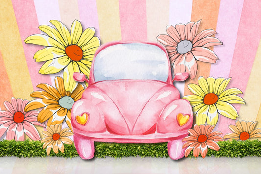 Fox Summer Car Cartoon Sunflower Vinyl Backdrop Designed by JT photography