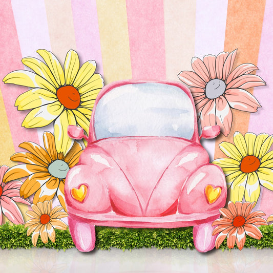 Fox Summer Car Cartoon Sunflower Vinyl Backdrop Designed by JT photography