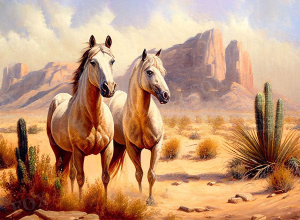 Fox Horses Summer Desert Fabric/Vinyl Backdrop Designed By Blanca Perez