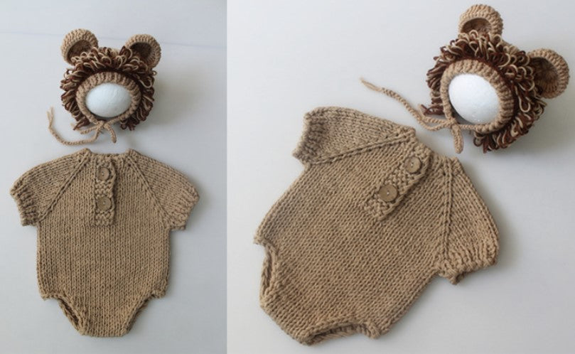 Fox Newborn Khaki Knit Outfit Clothes Hat with Clothes for Baby Photoshoot - Foxbackdrop