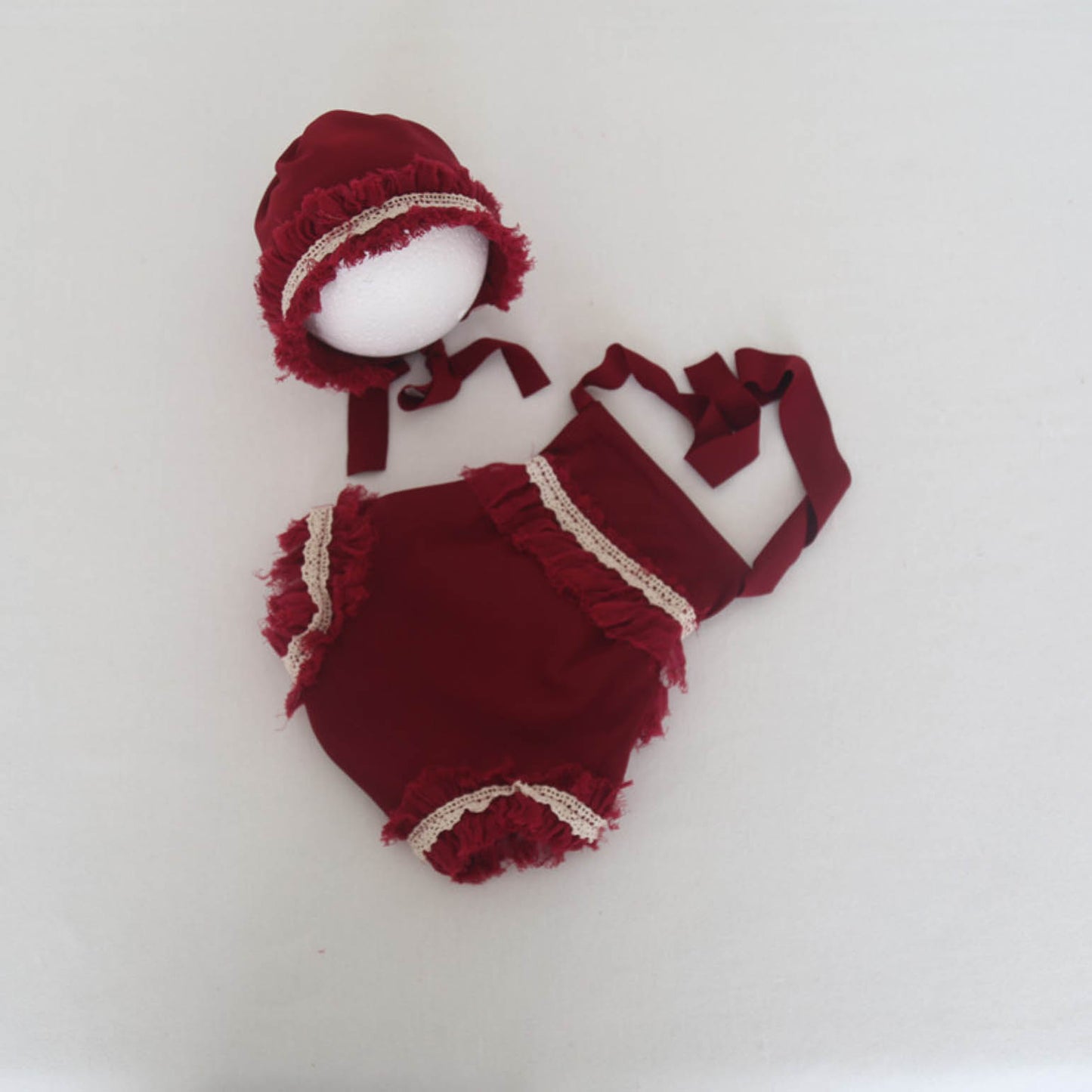 Fox 2pcs Studio Props Red Wine Newborn Baby Red Hat Strap Fabric Outfits - Foxbackdrop