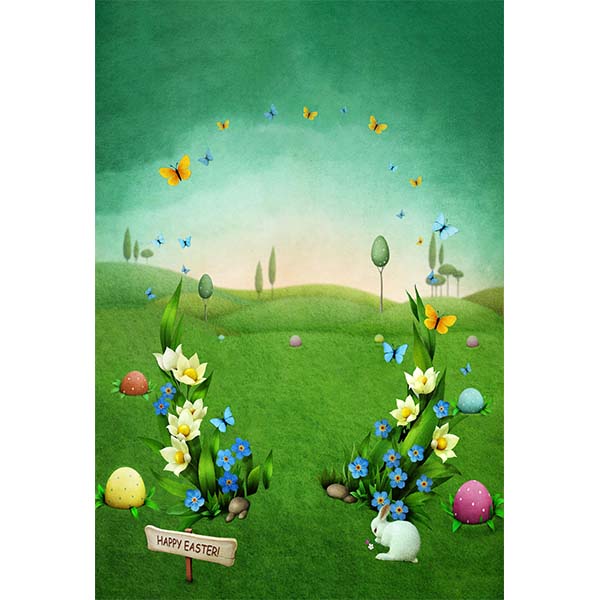 Fox Rolled Happy Easter Green Grassland Vinyl Backdrop - Foxbackdrop