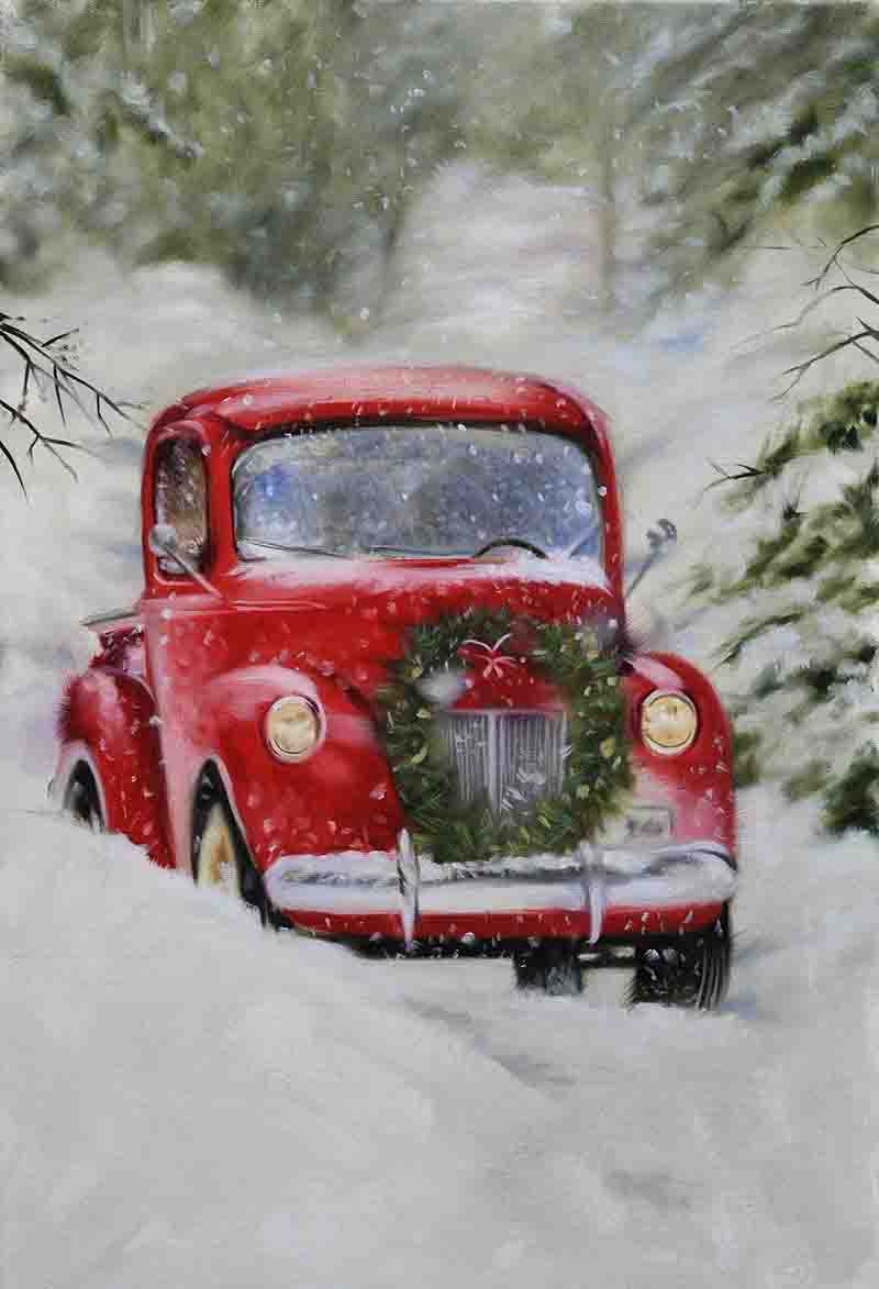 Fox Rolled Snow Christmas Red Car Vinyl Photography Backdrop - Foxbackdrop