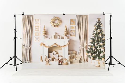 Fox Vinyl Christmas fireplace backdrop+Vinyl white wood floor drop combo set