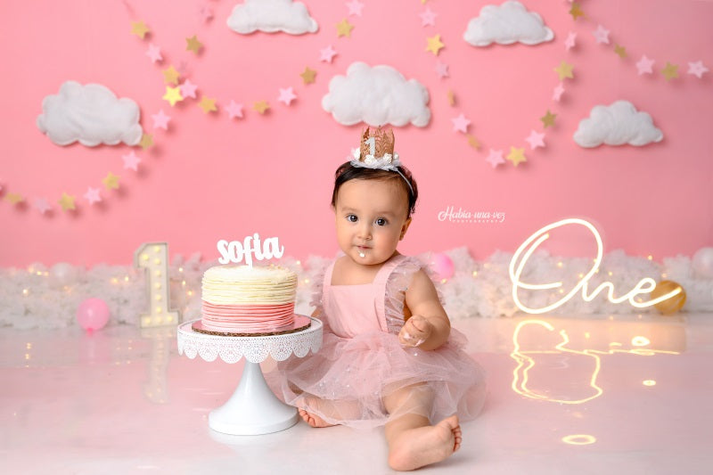 Fox Gold Stars Clouds Sky Pink Girl Birthday Vinyl/Fabric Backdrop Designed by Claudia Uribe
