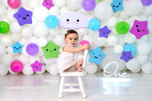 Fox Happy Stars Colorful Balloons Wall Cakesmash Birthday Clouds Vinyl/Fabric Backdrop Designed by Claudia Uribe