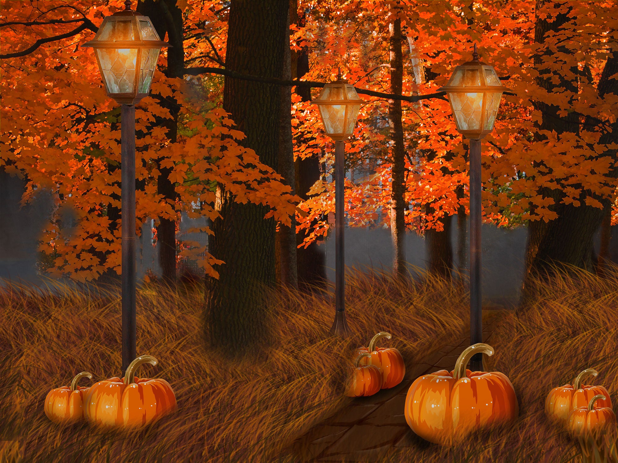 Fox Autumn Photos Yellow Leaves Pumkin Vinyl Backdrop - Foxbackdrop