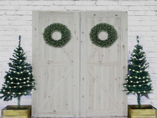 Fox Rolled Brick Wall Wood Door Christmas Tree Vinyl Backdrop - Foxbackdrop