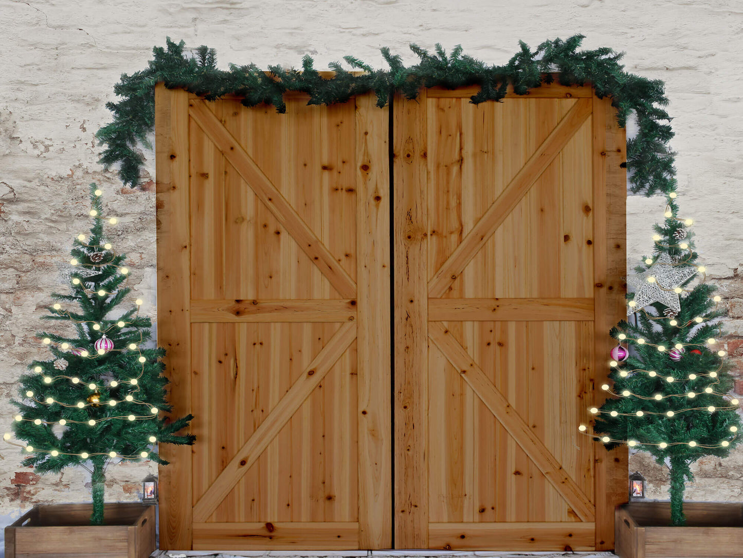 Fox Rolled Wood Door Christmas Trees Vinyl Backdrops - Foxbackdrop