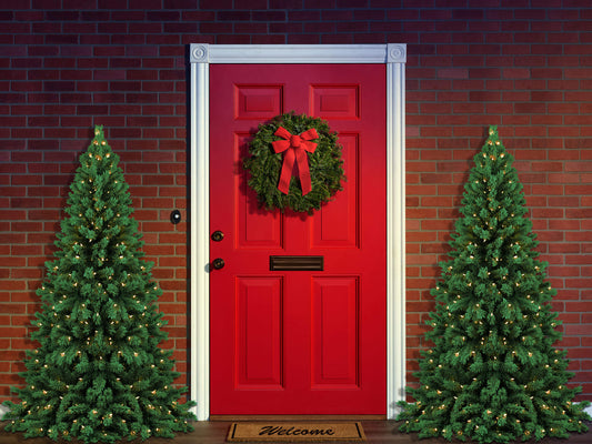 Fox Rolled Front Door Christmas Trees Vinyl Backdrop - Foxbackdrop