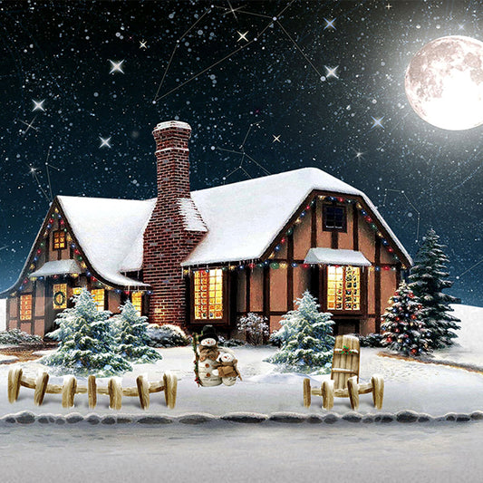 Fox Christmas Snow House Night Moon Vinyl Backdrop - Foxbackdrop