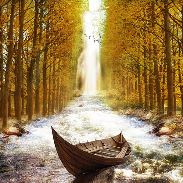 Fox Rolled Autumn Stream Yellow Trees Vinyl Backdrop - Foxbackdrop