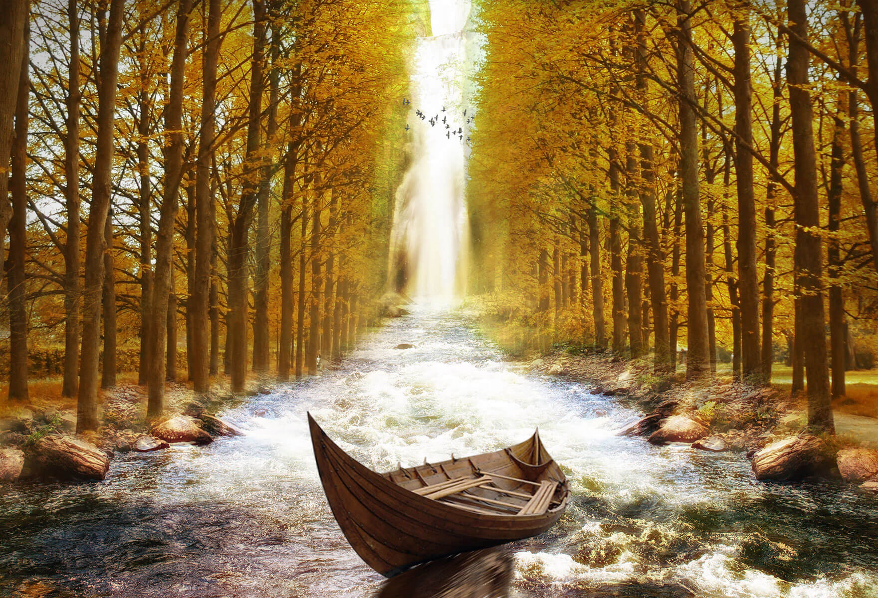 Fox Rolled Autumn Stream Yellow Trees Vinyl Backdrop - Foxbackdrop