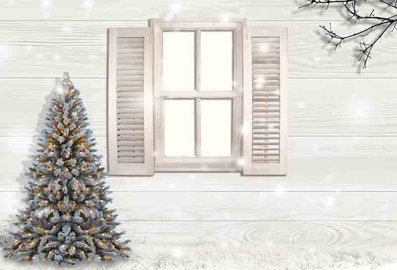 Fox Rolled Wood Window Christmas Trees Vinyl Backdrop - Foxbackdrop
