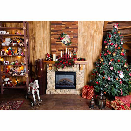 Fox Rolled Christmas Fireplace Trees Vinyl Photography Backdrop - Foxbackdrop