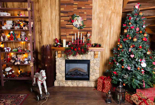 Fox Rolled Christmas Fireplace Trees Vinyl Photography Backdrop - Foxbackdrop