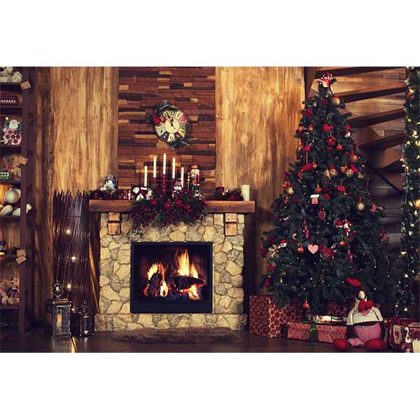 Fox Rolled Retro Christmas Fireplace Trees Vinyl Photo Backdrop - Foxbackdrop