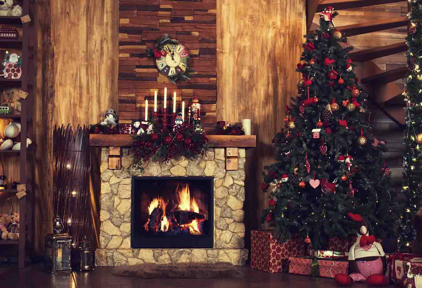 Fox Rolled Retro Christmas Fireplace Trees Vinyl Photo Backdrop - Foxbackdrop