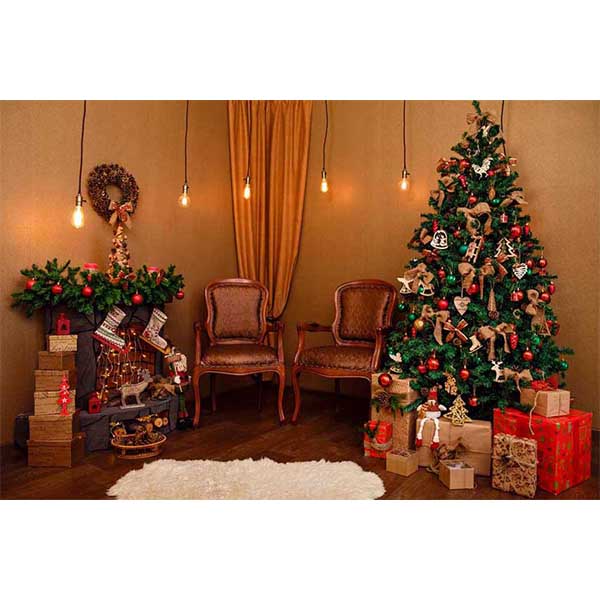 Fox Rolled Christmas Trees Lights Vinyl Photo Backdrops - Foxbackdrop