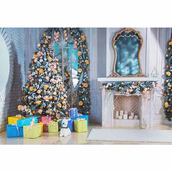 Fox Rolled Christmas Tree Fireplace Vinyl Photo Backdrop - Foxbackdrop