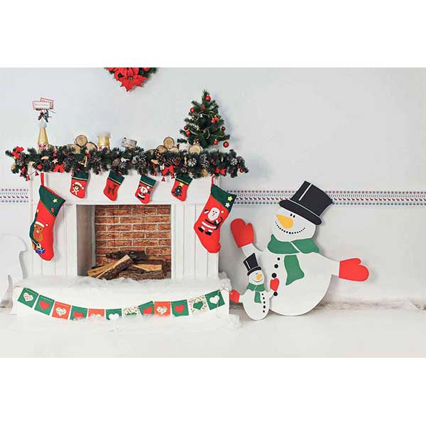 Fox Rolled Christmas Fireplace Snowman Vinyl Backdrop - Foxbackdrop