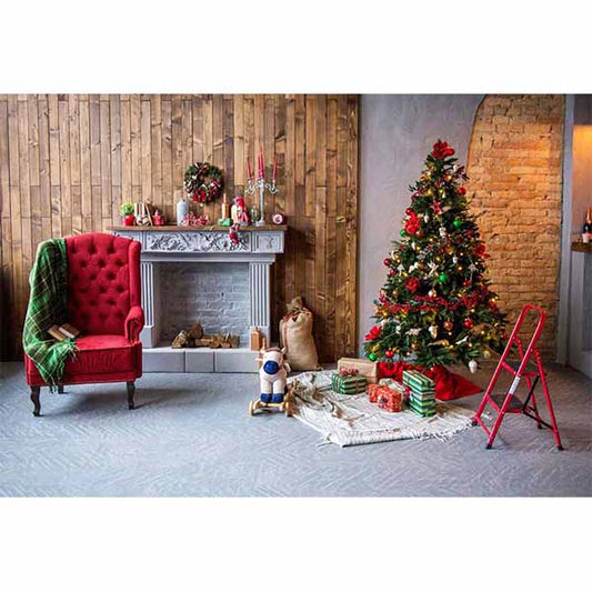 Fox Rolled Christmas Trees Fireplace Vinyl Photo Backdrop - Foxbackdrop