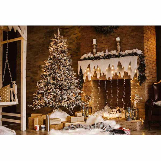 Fox Rolled Christmas Lights Fireplace Vinyl Photography Backdrop - Foxbackdrop