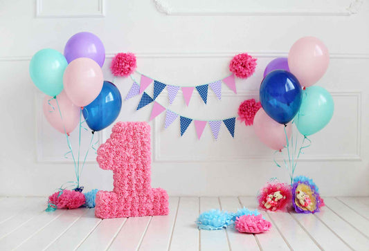 Fox Rolled Pink Balloons Girls Cake Smash Vinyl Backdrops - Foxbackdrop