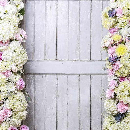 Fox Rolled Flowers Wood Door Wedding Vinyl Backdrop - Foxbackdrop