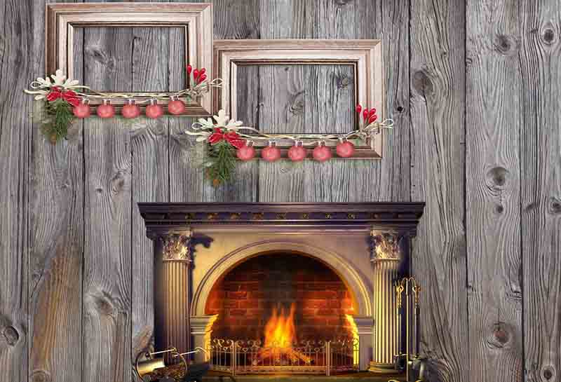 Fox Rolled Wood Fireplace Christmas Party Vinyl Backdrops - Foxbackdrop