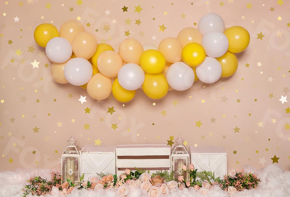 Fox Vinyl Rolled Yellow Balloons Cake Smash Summer Backdrop Designed by Jia Chan - Foxbackdrop