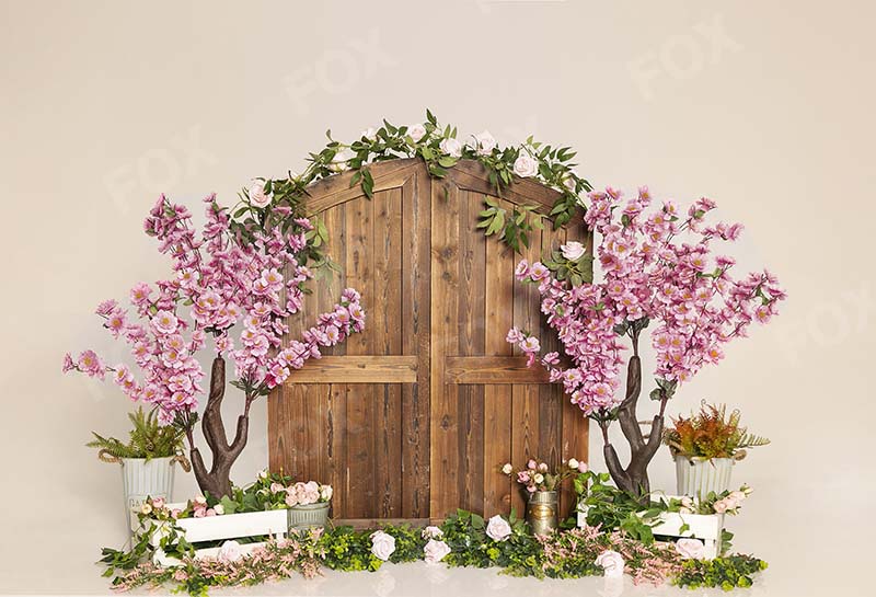 Fox Rolled Pink Flowers Wood Door Vinyl Photography Backdrop - Foxbackdrop
