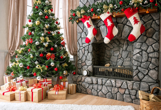 Fox Christmas Tree Fireplace Gifts Vinyl Backdrop - Foxbackdrop