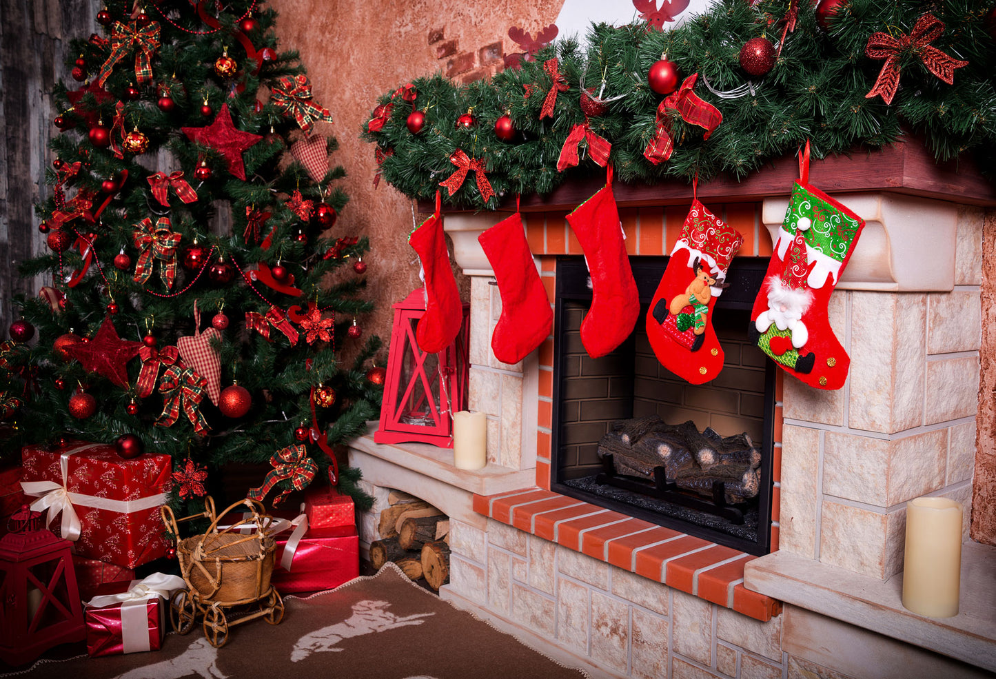 Fox Christmas Fireplace Socks Vinyl Photography Backdrop - Foxbackdrop
