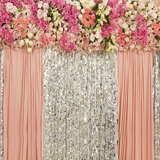 Fox Flowers Sequins Pink Curtain Wedding Rolled Vinyl Backdrop - Foxbackdrop
