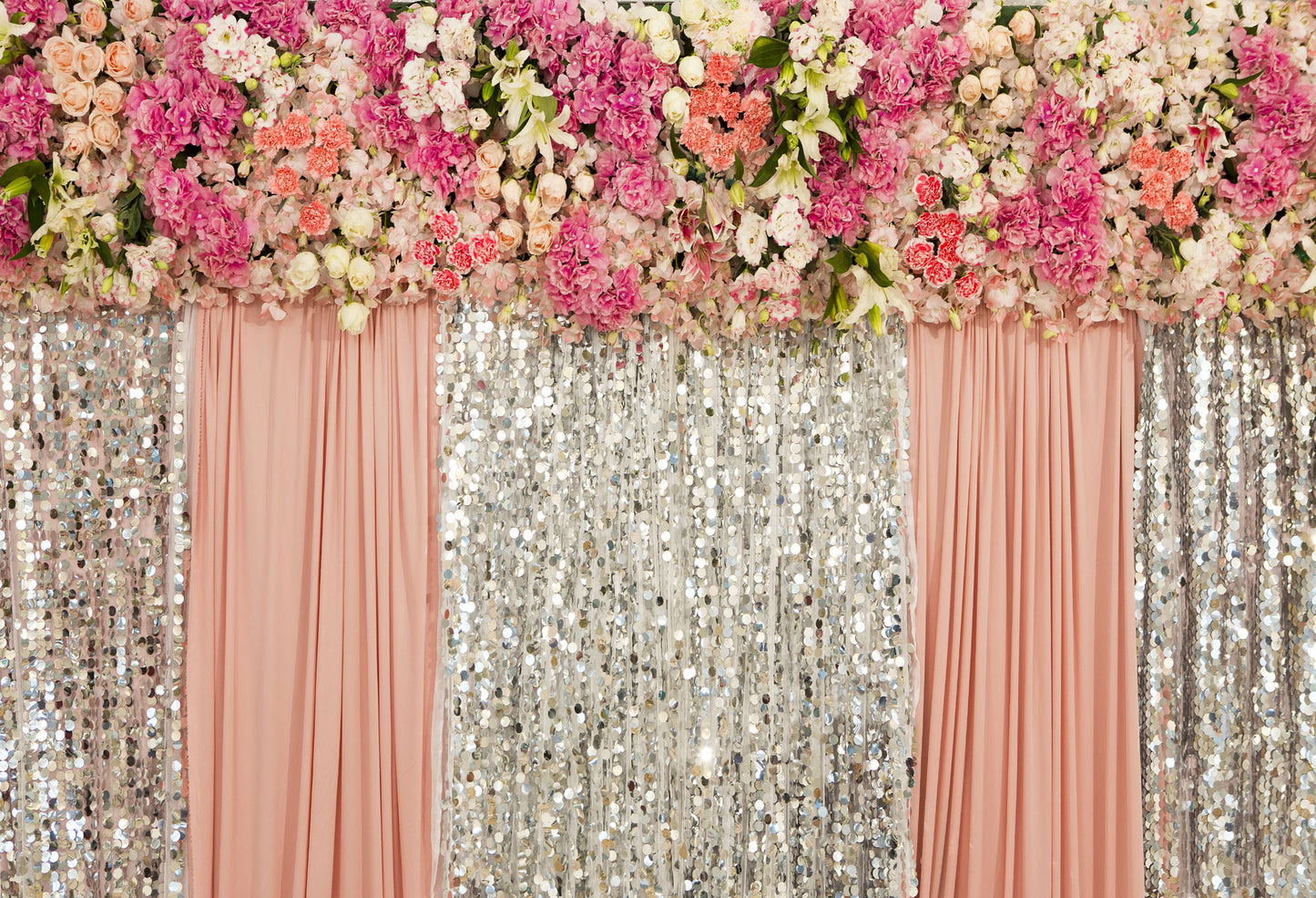 Fox Flowers Sequins Pink Curtain Wedding Rolled Vinyl Backdrop - Foxbackdrop