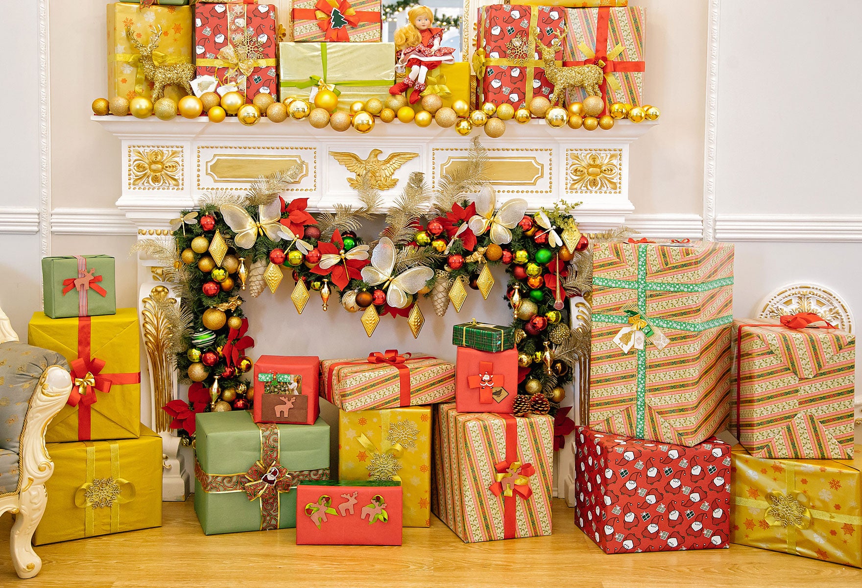 Fox Golden Balls Christmas Fireplace Gift Vinyl Backdrop - Foxbackdrop