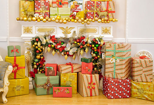 Fox Golden Balls Christmas Fireplace Gift Vinyl Backdrop - Foxbackdrop