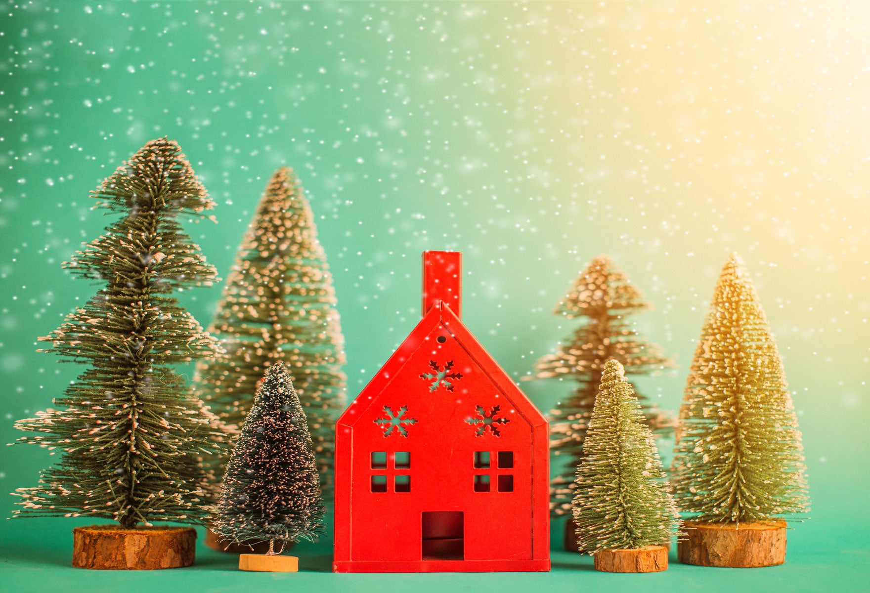 Fox Christmas Trees Red House Vinyl Photo Backdrop - Foxbackdrop
