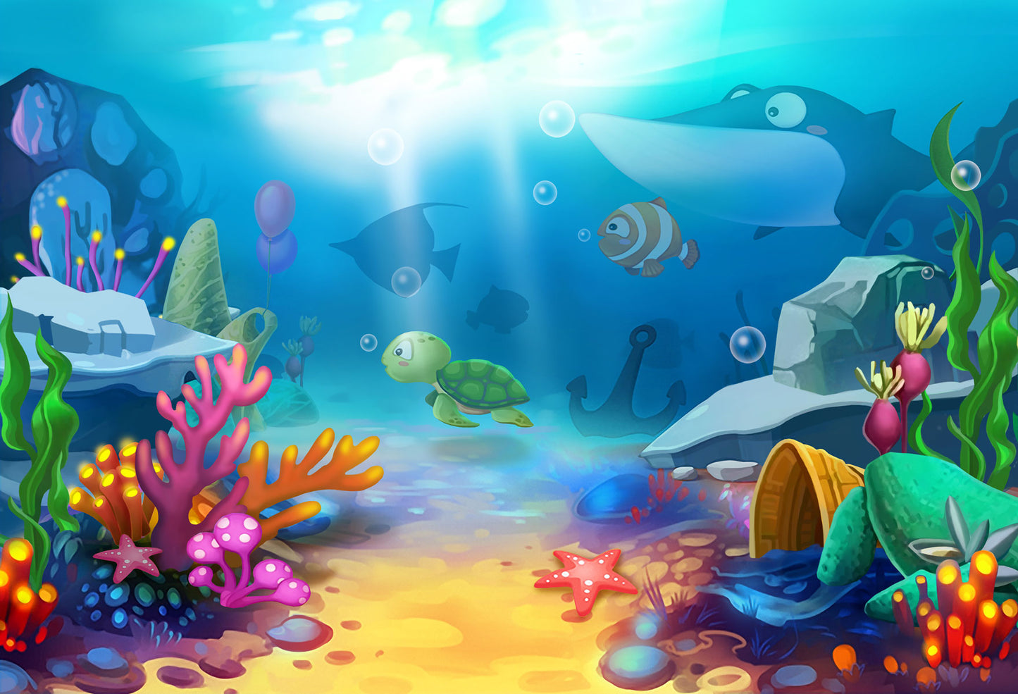 Fox Cartoon Under the Sea Fish Vinyl Children Backdrop - Foxbackdrop
