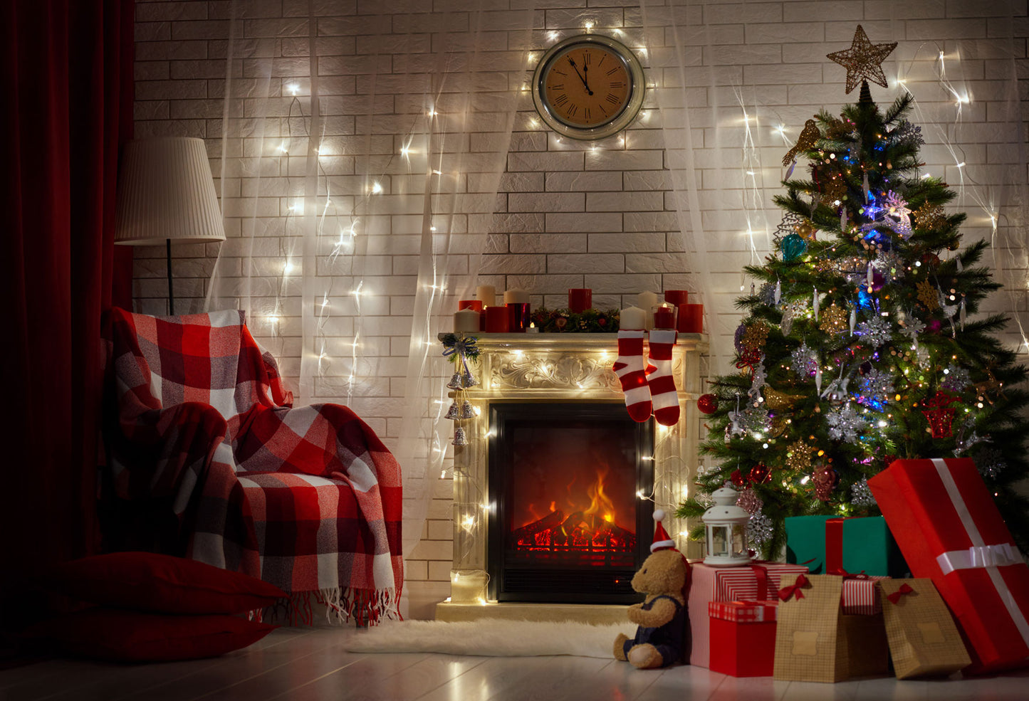 Fox Christmas Tree Fireplace Vinyl Photo Backdrops - Foxbackdrop