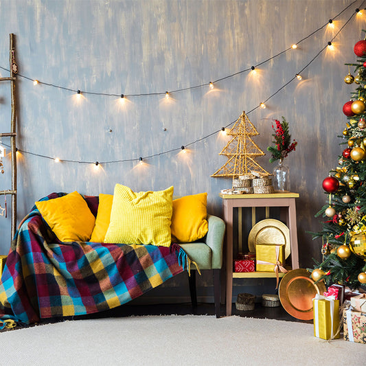 Fox Christmas Trees Sofa Lights Vinyl Backdrops - Foxbackdrop